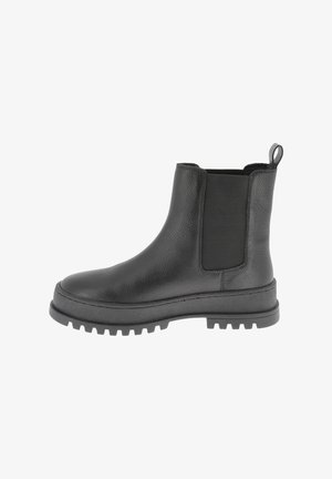 Zwarte leren Chelsea boots met een gestructureerde afwerking, elastische zijpanelen en een rubberen profielzool voor grip. Voorzien van een lus bij de hiel.