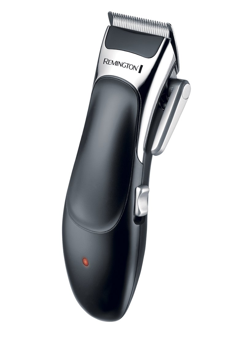Cortadora de cabello con cable, con un cuerpo de plástico negro y detalles en cromo. Presenta un indicador de encendido rojo y una cuchilla ajustable. Diseño ergonómico.