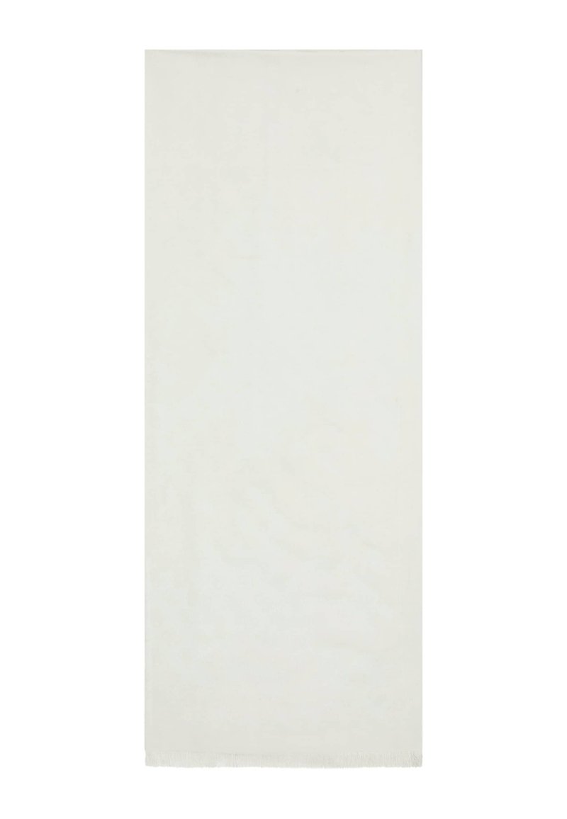White, soft textile with a smooth texture and fringed edges. Rectangular shape, suitable for various uses. Lightweight and plain design.