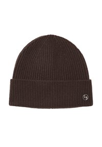 Brązowy dzianinowy beret z prążkowaną teksturą i podwiniętym mankietem. Zawiera metalowy akcent z logo z przodu.
