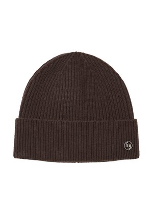 Brown knit beanie featuring a ribbed texture and a folded cuff. Includes a metallic logo accent on the front.