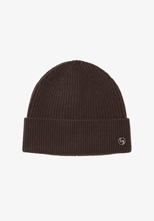 Brązowy dzianinowy beret z prążkowaną teksturą i podwiniętym mankietem. Zawiera metalowy akcent z logo z przodu.