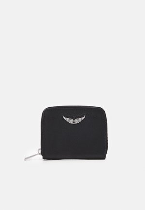 Black leather wallet with a textured finish, zip closure, and silver wing-shaped accent on the front. Compact and square-shaped design.
