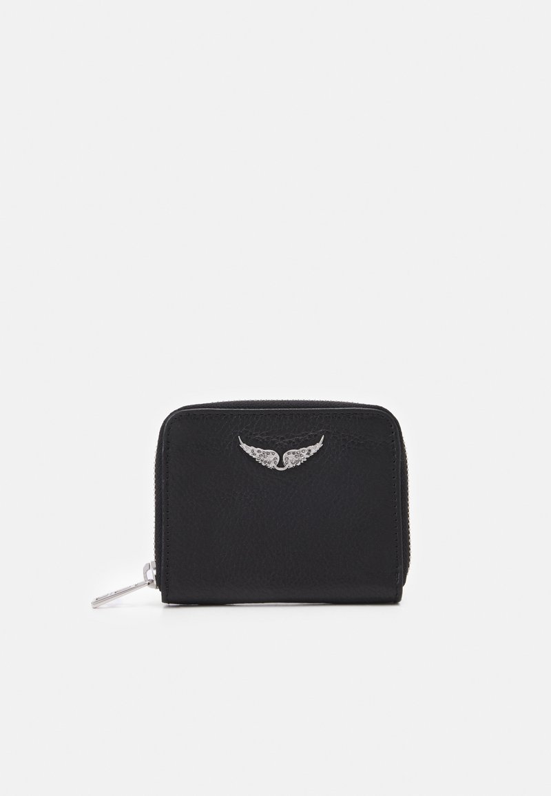 Black leather wallet with a textured finish, zip closure, and silver wing-shaped accent on the front. Compact and square-shaped design.