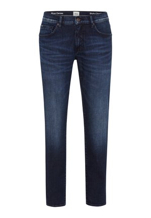 Dunkelblaue Jeans aus Denim mit geradem Schnitt, fünf Taschen, einem Knopf- und Reißverschluss sowie dezenten Strukturvariationen.