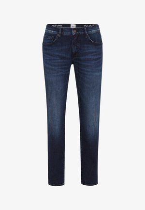 Mørkeblå denim jeans med lige snit, der har fem lommer, knap- og lynlåslukning og subtile teksturvariationer.
