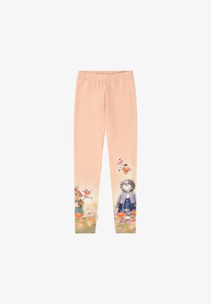 Legginsy w kolorze brzoskwiniowym z fantazyjnym wzorem, który przedstawia ilustrowane zwierzęta i kwiaty na dolnym brzegu. Wykonane z miękkiego, elastycznego materiału.