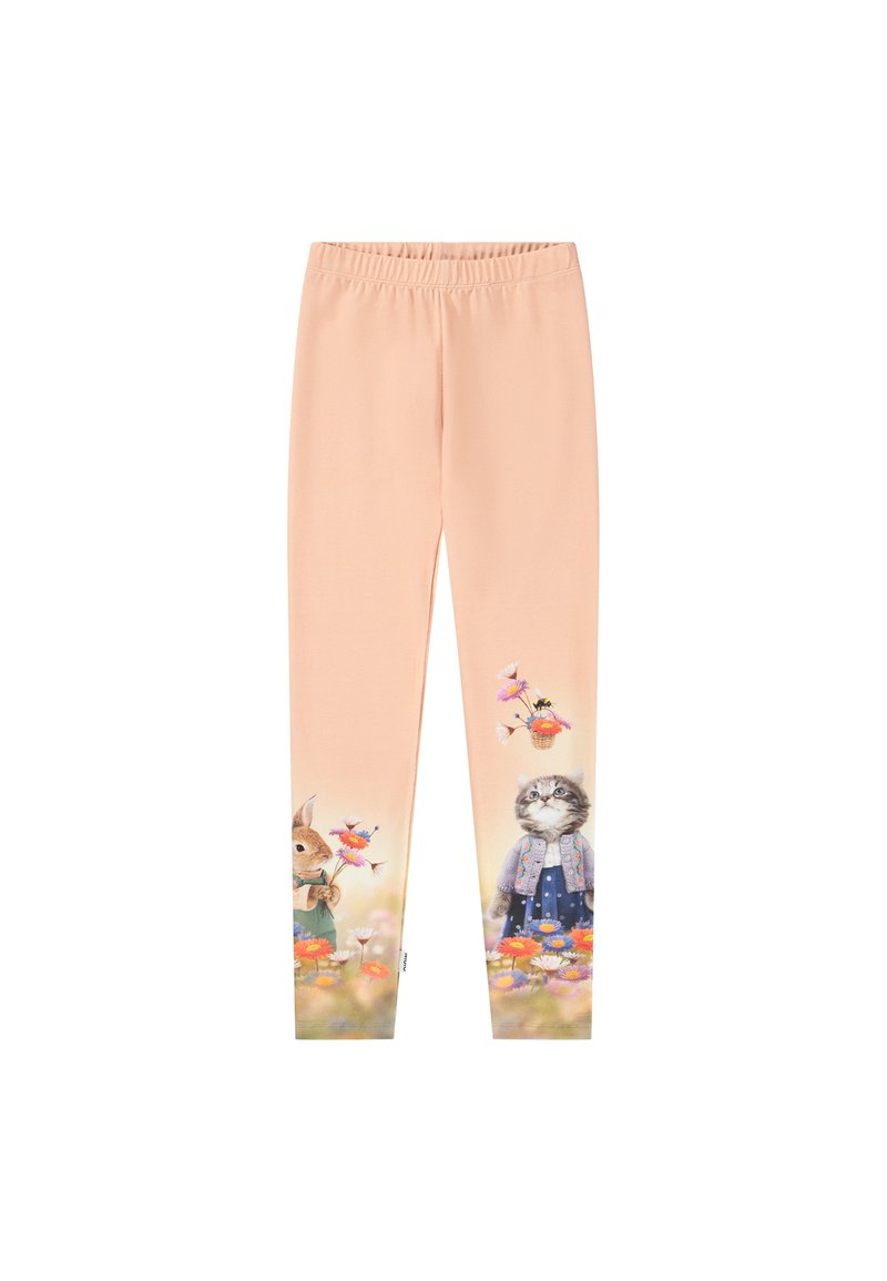 Legginsy w kolorze brzoskwiniowym z fantazyjnym wzorem, który przedstawia ilustrowane zwierzęta i kwiaty na dolnym brzegu. Wykonane z miękkiego, elastycznego materiału.