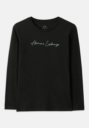Zwarte langslavige T-shirt van katoen met een ronde hals. Voorzien van een groen geborduurd 'Armani Exchange' logo op de borst.