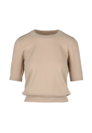 Beige, rövid ujjú, kötött pulóver kerek nyakkal, laza fazonnal és bordázott szegélyekkel. Simább, jellegzetes minták nélküli textúrával.