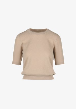 Beige, rövid ujjú, kötött pulóver kerek nyakkal, laza fazonnal és bordázott szegélyekkel. Simább, jellegzetes minták nélküli textúrával.