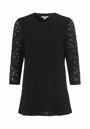 Sort blonde bluse med 3/4 ærmer, rund halsudskæring og et struktureret mønster. Blødt stof med en let løs pasform og længere bagpå.