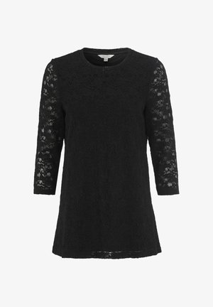 Sort blonde bluse med 3/4 ærmer, rund halsudskæring og et struktureret mønster. Blødt stof med en let løs pasform og længere bagpå.