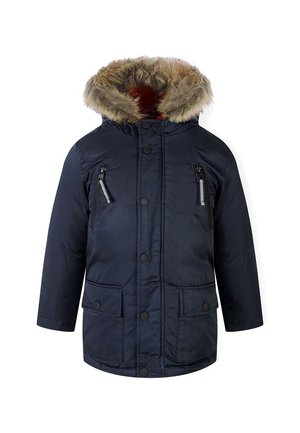 Manteau d'hiver bleu marine avec capuche doublée de fourrure, fermeture à boutons sur le devant, deux poches poitrine zippées et deux poches inférieures à rabat pressionné.