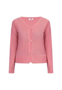 Rosa stickad cardigan med V-ringning, framknäppning och texturerat mönster. Har långa ärmar och en något figurnära design.