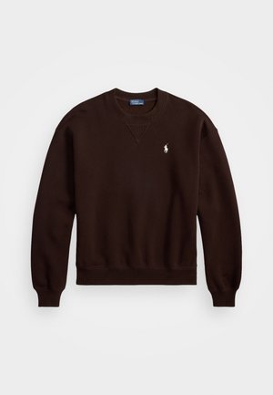 Sweatshirt castanho-escuro feito de material fleece. Apresenta um decote redondo, punhos e barra canelados, com um pequeno logotipo branco na parte do peito.