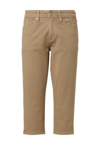 Jeans di cotone beige con taglio dritto, design a cinque tasche, chiusura con bottone in metallo e cuciture lungo le cuciture e le tasche.