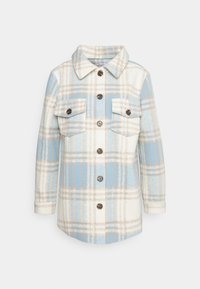 Geruite jas in lichtblauw, crème en beige. Gemaakt van zachte stof, met twee borstzakken en bruine knopen. Klassieke kraagontwerp.