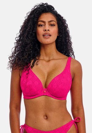 Roze kanten beha met een driehoekige vorm, een gladde textuur en decoratieve stiksels. Beschikt over verstelbare banden en een kleine gouden sluiting in het midden.