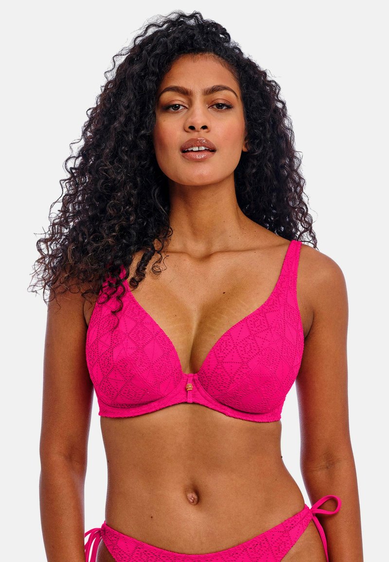 Roze kanten beha met een driehoekige vorm, een gladde textuur en decoratieve stiksels. Beschikt over verstelbare banden en een kleine gouden sluiting in het midden.