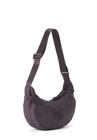 Dunkellila, nylon Schultertasche mit runder Form, verstellbarem Tragegurt und zwei runden Akzenten auf der Vorderseite. Verfügt über eine Reißverschlusstasche.