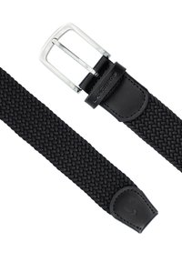 Czarny pleciony pasek o teksturowanym wykończeniu, z metalową klamrą w kolorze srebrnym oraz skórzanym paskiem z akcentem w postaci logo marki.