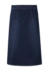 Dunkelblaue Jeans-A-Linien-Rock mit mittelhohem Bund, Vordernähten und einem sauberen Saum. Der Stoff wirkt glatt und robust.