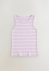 Lila tanktop met witte horizontale strepen, gemaakt van zachte katoen. Heeft een ronde halslijn en een mouwloos ontwerp. Gladde textuur.