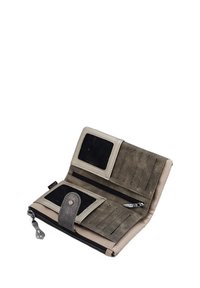Beige bifold Geldbörse aus synthetischem Material, ausgestattet mit mehreren Kartenfächern, einem Reißverschlussfach und klaren ID-Fenstern. Mit strukturierten Akzenten.