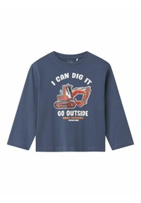 Camiseta de manga larga azul marino hecha de algodón, con un gráfico de un vehículo de construcción y el texto: "PUEDO CAVARLO, SAL A TRABAJAR DURA".