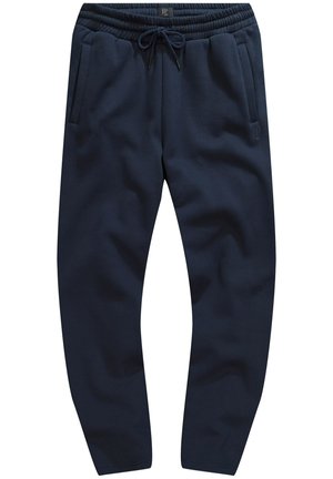 Pantaloni jogger blu navy realizzati in tessuto morbido con vita elastica, coulisse e due tasche laterali. Testura liscia e design affusolato.