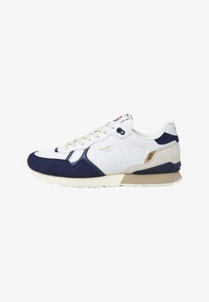 Valged sneakers siniste aktsentidega, mis on valmistatud sule- ja nahkainetest, sidumisdetailiga, kummist tallaga ning brändi detailidega külgedel.