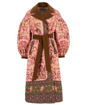 Quilted pink coat with floral patterns, brown suede collar and belt, voluminous sleeves, and decorative borders.