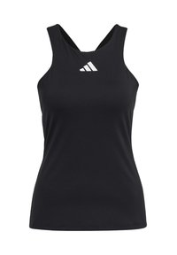 Zwarte mouwloze sporttanktop met een witte Adidas-logo gecentreerd bij de halslijn, met een racerback ontwerp.