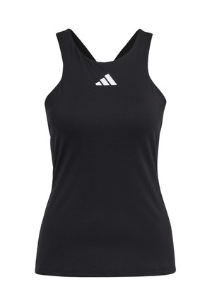 Black sleeveless athletic tank top with white Adidas logo centered near the neckline, featuring a racerback design.