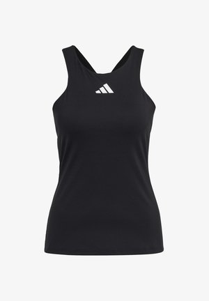 Débardeur de sport sans manches noir avec le logo Adidas blanc centré près de l'encolure, avec un design à dos nageur.
