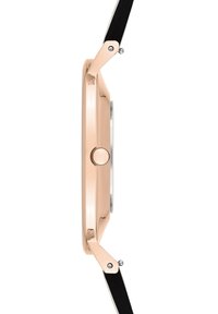 Roségoldene Metalluhr mit glatter Oberfläche, schwarzem Lederarmband, runder Gehäuseform und silberner Krone. Verfügt über ein minimalistisches Design.