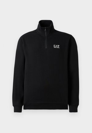 Sweatshirt noir à zip quart fabriqué en tissu texturé, avec un logo EA7 blanc sur la poitrine gauche. Manches longues avec des poignets en côtes.
