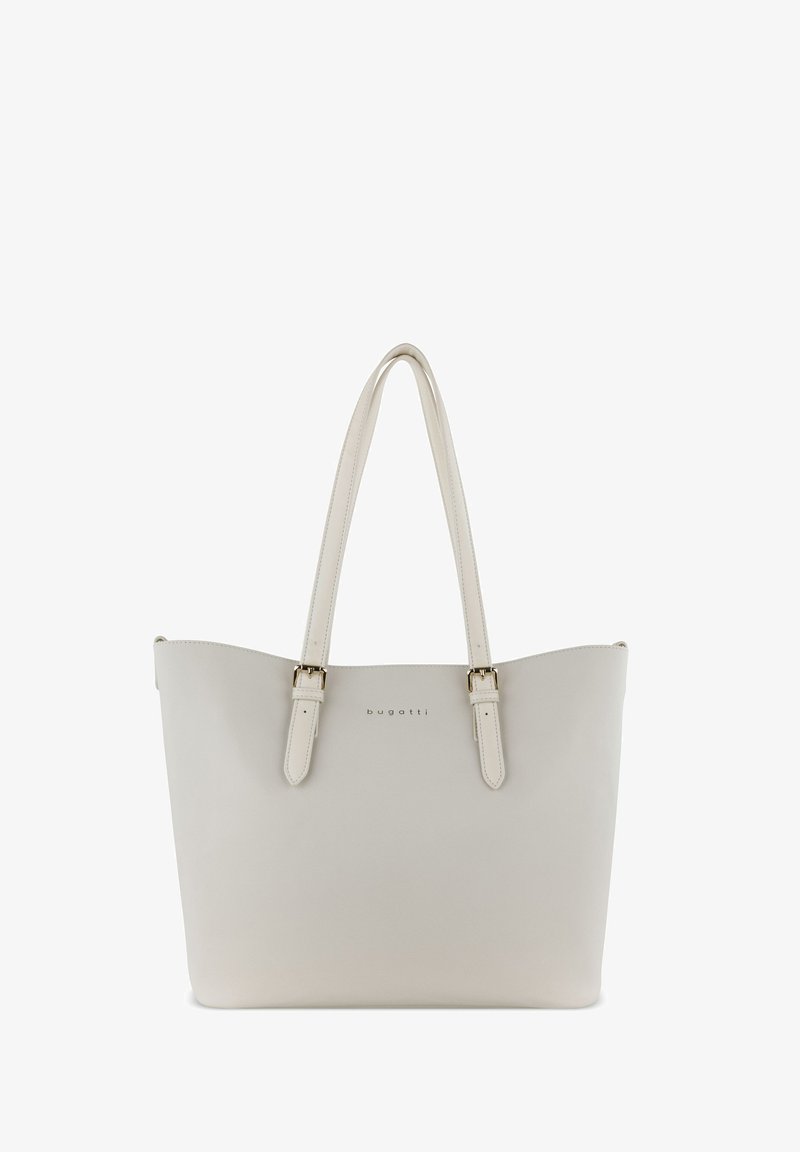 Saco tote sintético branco com alças duplas, estrutura plana, bordas costuradas e um logotipo dourado na frente. Textura suave.