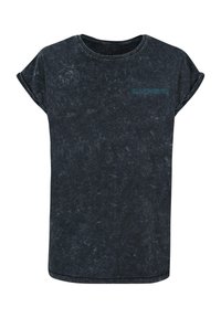 Schwarzes T-Shirt mit kurzen Ärmeln und einem verblassten Textur, ausgestattet mit einem runden Halsausschnitt und einem in Türkis auf der Vorderseite aufgedruckten "Iron Maiden"-Logo.