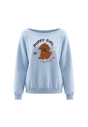 Lyseblå sweatshirt med en tekstureret brun hvalp, der holder en snor, og teksten "Puppy Girl" og "I Love Puppies" på fronten.