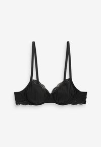 Čierna podprsenka s kostícami s tenkými nastaviteľnými ramienkami a čipkovým lemovaním na košíčkoch a páse, zobrazená na bielom pozadí.