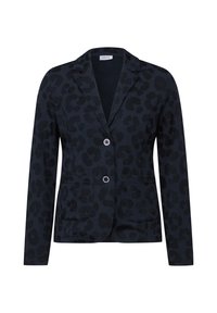 Marineblazer met zwart luipaardprint, twee voorzakken, een enkele knoopsluiting en een getailleerde pasvorm. Zachte stof met een gladde textuur.