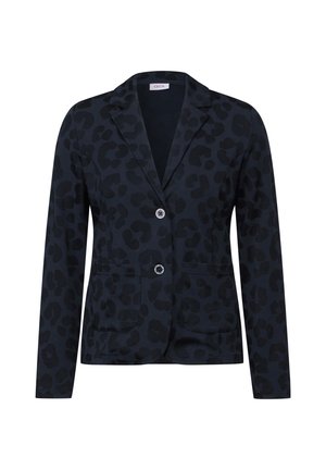 Marinblå blazer med svart leopardmönster, två framfickor, en enkel knappstängning och en skräddarsydd passform. Mjukt tyg med en slät textur.
