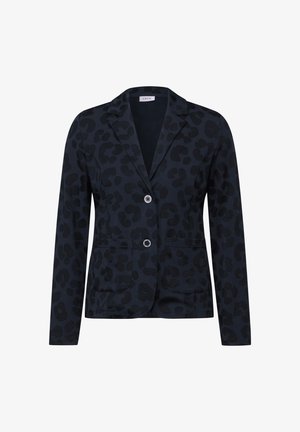 Marinblå blazer med svart leopardmönster, två framfickor, en enkel knappstängning och en skräddarsydd passform. Mjukt tyg med en slät textur.