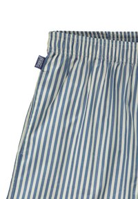 Shorts de pyjama rayés en bleu clair et crème, dotés d'une taille élastique, d'un tissu doux et d'une petite étiquette de marque sur le côté.