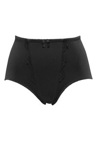 Schwarze, hochgeschossene Damenunterwäsche mit Spitzenakzenten an den Seiten und einem kleinen Schleifendetail an der Vorderseite. Hergestellt aus weichem Stoff.