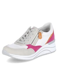 Lace-up sneaker with a gradient design in gray, pink, and white. Features side zipper and textured rubber sole for traction.