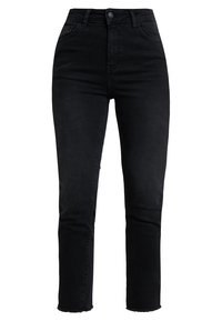 Svarta högmidjade jeans i denim, med en figursydd silhuett, klassisk knäppning och rå kant vid vristen.