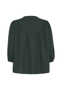 Blusa verde scuro, texturizzata, con una vestibilità morbida, schiena arricciata, scollatura tonda e maniche lunghe e voluminose. Strisce verticali in diverse tonalità.